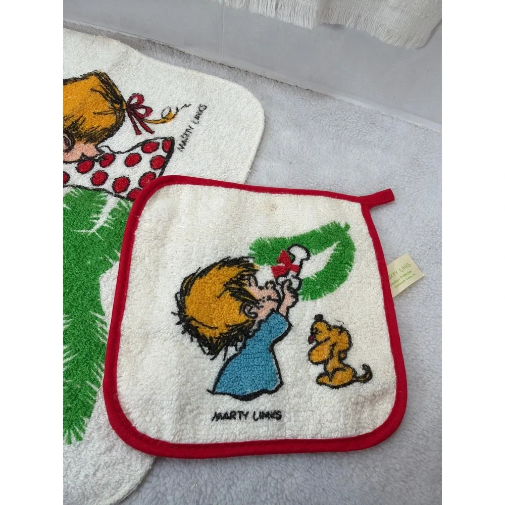 Vintage 80s Hallmark Marty Links Christmas Towel Set White Holiday Kitchen 3pc